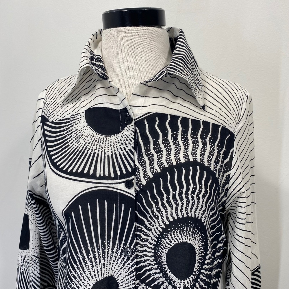 Step In Style Womens Black White Geo Sunburst Cotton Midi Hi Low Shirt Dress‎ Sm